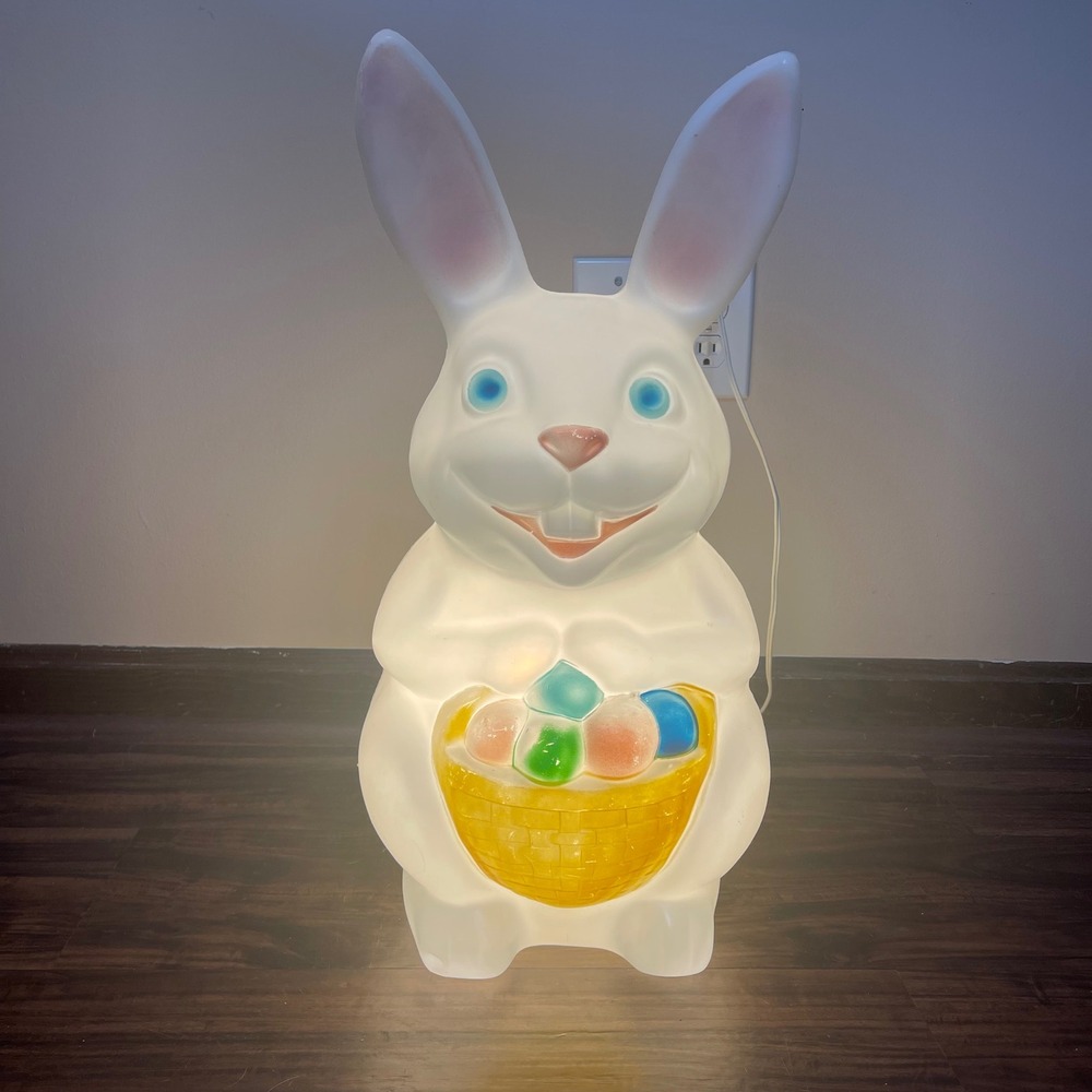 Vintage Easter Bunny Blow Mold Light Up Decoration White Rabbit with Basket 23in